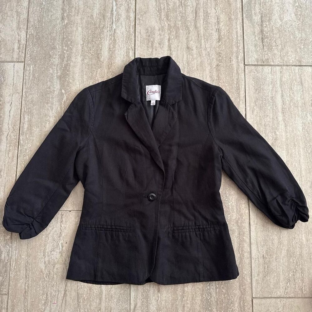 Y2K Candies Black blazer ruffle hem puffy 3/4" sleeve Office Siren Corpcore Sz S
